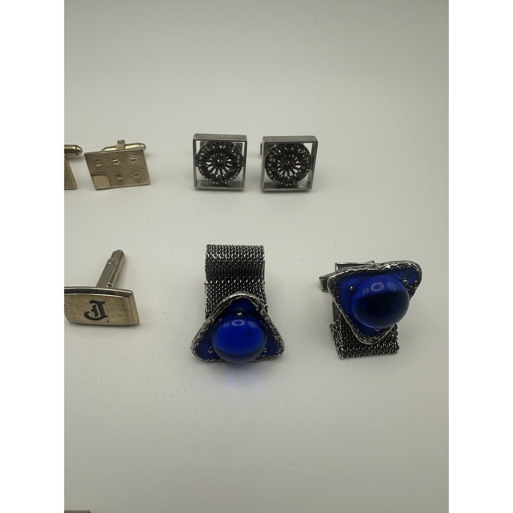 Vintage Cufflinks Lot 7 Pairs Blue Glass Mesh Equestrian Horse Initial J Mixed - Picture 3 of 8